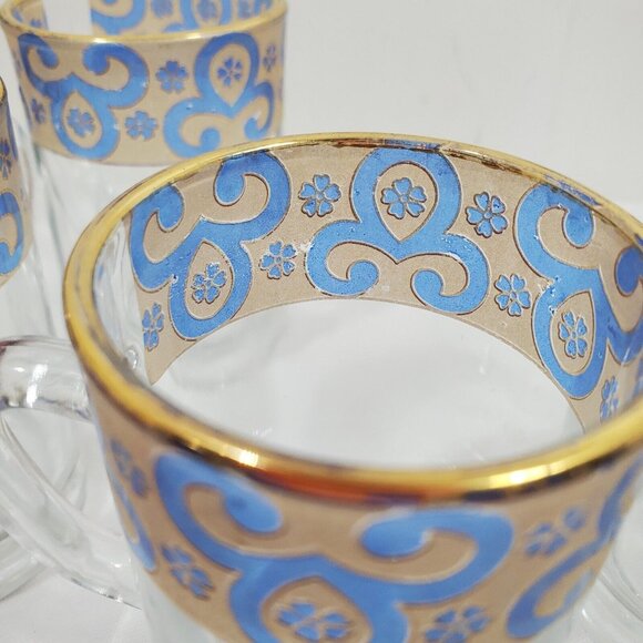 4 Gold Trim Demitasse Espresso Cups 4oz  blue liquor stained glass scrollwork - Picture 11 of 12